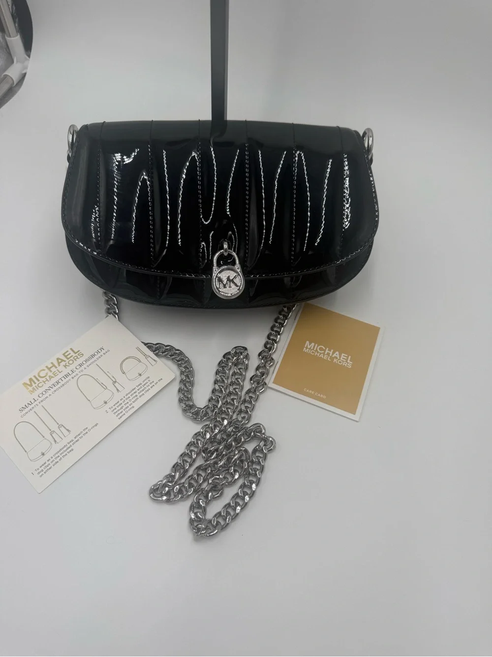 NWT Michael Kors Mila Small Convertible Crossbody in black patent leather